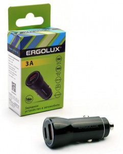 Авто зарядник/блок пит. (прикур) ERGOLUX ELX-CA01-C02 USB+Type-C  12V, 5V/3А, LED инд, черн,кор