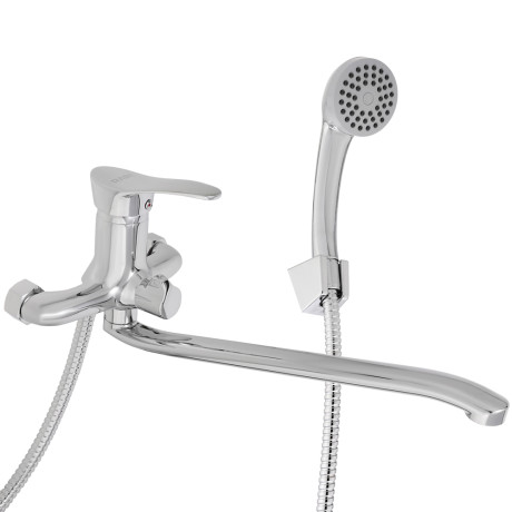 RAIN Смеситель для ванны Мира, изогнутый излив 35см, душ. набор, картридж 35мм, латунь, хром