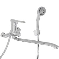 RAIN Смеситель для ванны Мира, изогнутый излив 35см, душ. набор, картридж 35мм, латунь, хром
