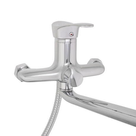 RAIN Смеситель для ванны Мира, изогнутый излив 35см, душ. набор, картридж 35мм, латунь, хром