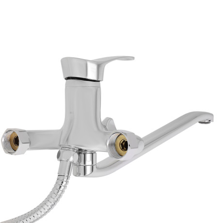 RAIN Смеситель для ванны Мира, изогнутый излив 35см, душ. набор, картридж 35мм, латунь, хром