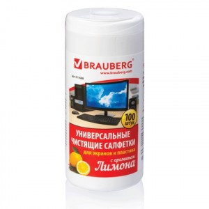 511688 Чистящие салфетки BRAUBERG д/экранов и пластика, универсальные, ЛИМОН, в тубе 100шт, влажные,