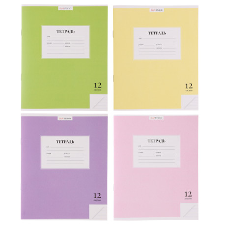 ClipStudio Тетрадь школьная 12л. в линейку, БЕЛЫЕ ЛИСТЫ, обл.офсет 115 г/м2, "Однотонная", скрепка
