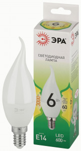 ЭРА GREEN LINE лампа св/д свеча на ветру E14 BXS 6W(600lm) 3000K 2K E14 BXS-6W GL 38x150 67119