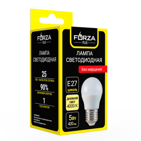 FORZA Лампа светодиодная G45 5 Вт, Е27, 420 Лм, 4000 К, 175-265 В, Ra>80, IRF <5%, 1 год гар.