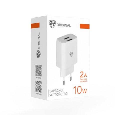 BY Сетевое зарядное устройство Double 10Вт, 2xUSB, 2А, 5В,110-240В, 50-60Гц, пластик белый