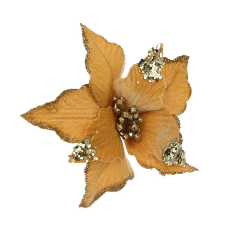 СНОУ БУМ Цветок Пуансеттия на клипсе 25 см, металл, глиттер, полиэстер, шампань