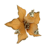 СНОУ БУМ Цветок Пуансеттия на клипсе 25 см, металл, глиттер, полиэстер, шампань