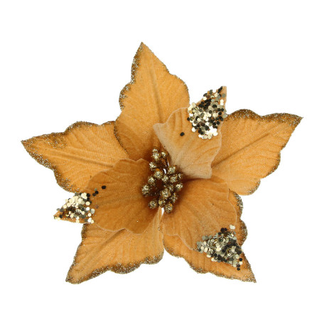 СНОУ БУМ Цветок Пуансеттия на клипсе 25 см, металл, глиттер, полиэстер, шампань