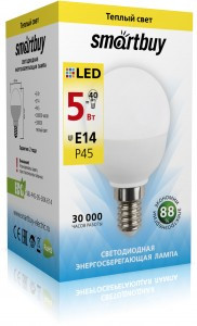 Smartbuy шар P45 E14 5W(350lm) 3000K 2K матовая пластик SBL-P45-05-30K-E14