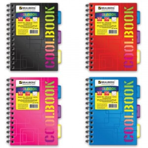 Тетрадь-блокнот 120л, A5, 148x210мм BRAUBERG клетка, греб., обл.пласт., 3разд. CoolBOOK 4вид. 401786