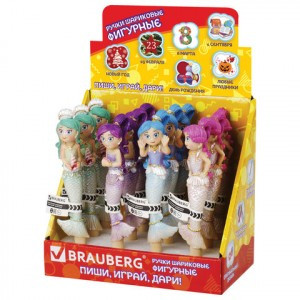 Ручка фигурная "РУСАЛОЧКИ-2", СИНЯЯ, 4 дизайна ассорти, линия письма 0,5 мм, дисплей, BRAUBERG, 1427