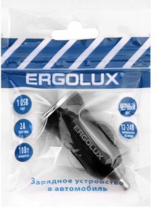 Авто зарядник/блок пит. (прикур) ERGOLUX ELX-CA01P-C02 ПРОМО 1xUSB, 12V, 5V/2А, LED инд, черн, пакет