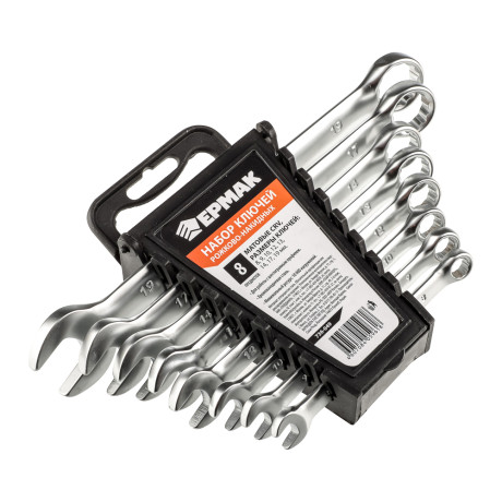 ЕРМАК Набор ключей рожково-накидных, 8 предм. 8-19мм, матовые CRV, пластик холдер