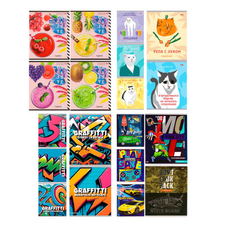 Тетрадь 48л. в клетку, офсет, обл. мел.картон, скрепка, ВД-лак, микс