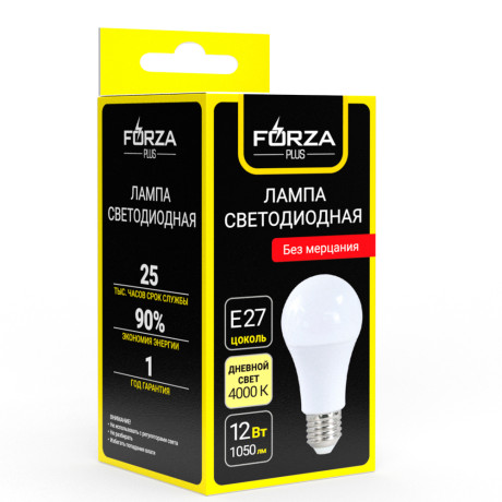 FORZA Лампа светодиодная A60 12 Вт, Е27, 1050 Лм, 4000 К, 175-265 В, Ra>80, IRF <5%, 1 год гар.