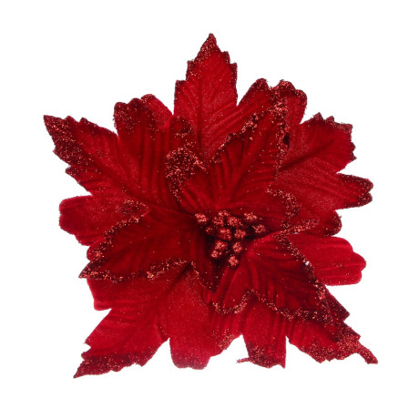 СНОУ БУМ Цветок Пуансеттия на клипсе 25 см, металл, глиттер, полиэстер, красный