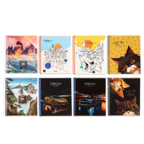 Тетрадь общая, 96 листов, в клетку, БЕЛЫЕ ЛИСТЫ, обл.мел. картон, спираль, микс