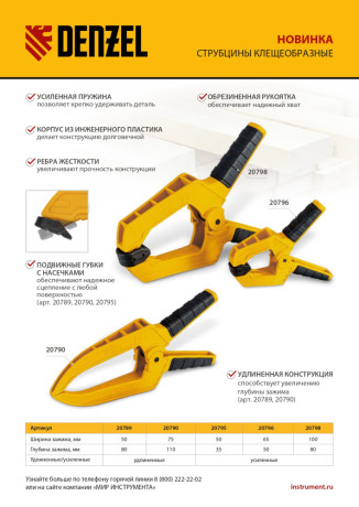 Струбцина клещеобразная, удлиненная 50 х 80 мм двухкомпонентные рукоятки Denzel