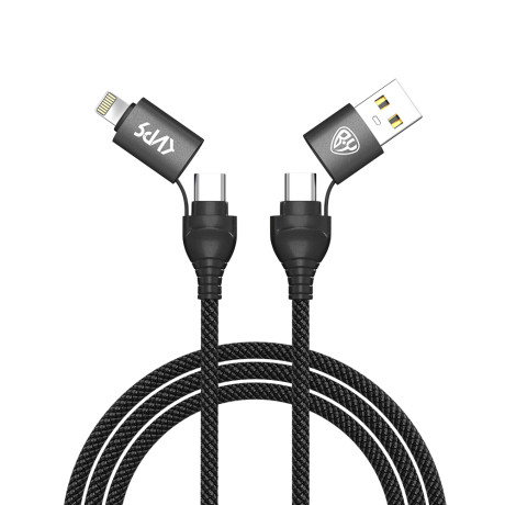 BY Киря Кабель для зарядки Diverse 4в1 USB/iP/microUSB/Type-C, 1м,  3А, PD 65W, тканевый, черный