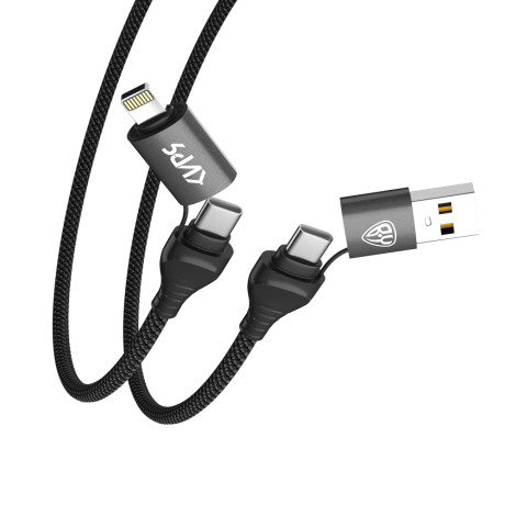 BY Киря Кабель для зарядки Diverse 4в1 USB/iP/microUSB/Type-C, 1м,  3А, PD 65W, тканевый, черный