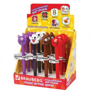 Ручка фигурная "СМАЙЛИКИ МИКС-2", СИНЯЯ, 4 дизайна ассорти, линия письма 0,5 мм, дисплей, BRAUBERG,