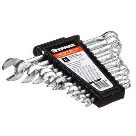 ЕРМАК Набор ключей рожково-накидных, 12 предм., 6-22мм, матовые CRV, пластик холдер
