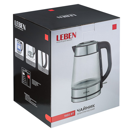 LEBEN Чайник электрический стеклянный 1,8л 1850 Вт рифленое стекло, бордовый