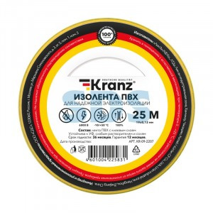 KRANZ Изолента ПВХ 19/25 0.13х19мм 25метров желто-зеленая (5 шт/уп) цена за рулон KR-09-2207