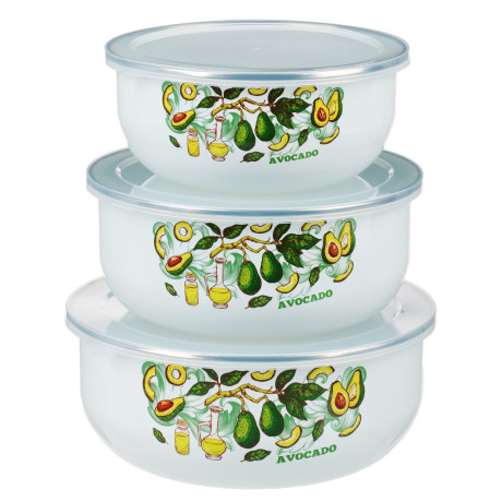 Набор эмалированных салатников с крышками, 6 пр. (14/16/18см, 0,7/1,1/1,4л) "Авокадо"