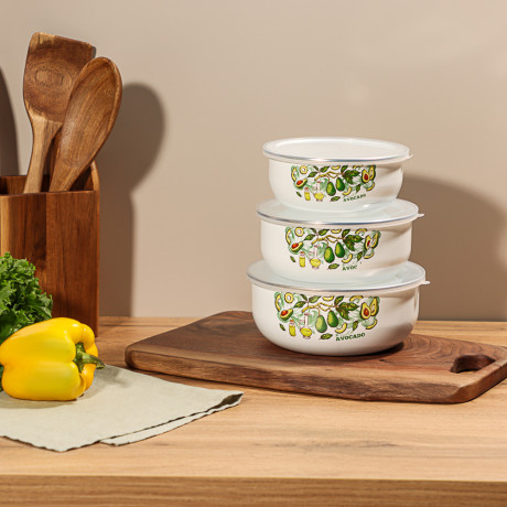 Набор эмалированных салатников с крышками, 6 пр. (14/16/18см, 0,7/1,1/1,4л) "Авокадо"