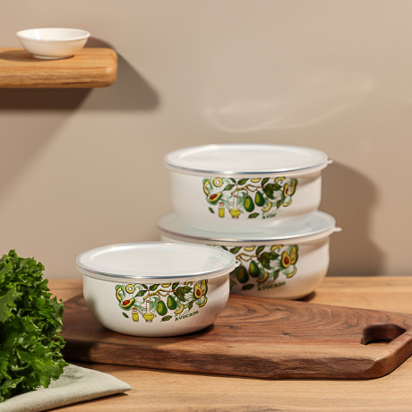 Набор эмалированных салатников с крышками, 6 пр. (14/16/18см, 0,7/1,1/1,4л) "Авокадо"