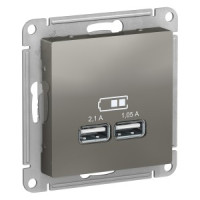 Systeme Electric AtlasDesign мех роз СУ 1 мест 2хUSB сталь A+A Iв=1,05-2,1А, Uв=5В(пл осн) ATN000933