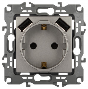 ЭРА 12 мех. роз. СУ 1 мест. 16А земля, шторки + 2xUSB 5В-3А автоклеммы, титан 12-4109-16