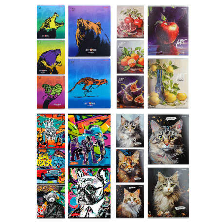 Тетрадь 48л. в клетку, офсет, обл. мел.картон, скрепка, твин лак, микс