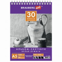 Скетчбук, белая бумага 160 г/м2, 145х205 мм, 30 л., гребень, жёсткая подложка, BRAUBERG ART &quot;DEBUT&quot;,