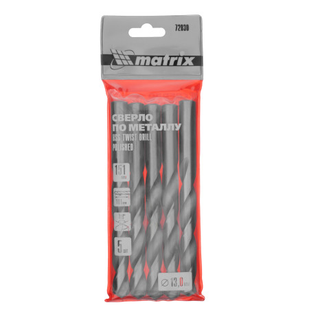 Сверло по металлу, 13 мм, полированное, HSS, 5 шт, цилиндрический хвостовик Matrix