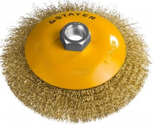 STAYER "PROFESSIONAL". Щетка коническая д/УШМ, витая сталь латунирован проволока 0,3мм, 125ммхМ14