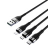 BY Кабель для зарядки 3 в 1 iP/Micro USB/Type-C, 1.5м, 2.1А, тканевая оплётка, металлик, черный