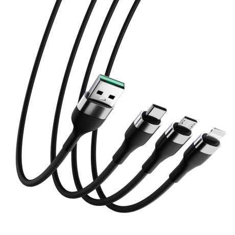 BY Кабель для зарядки 3 в 1 iP/Micro USB/Type-C, 1.5м, 2.1А, тканевая оплётка, металлик, черный