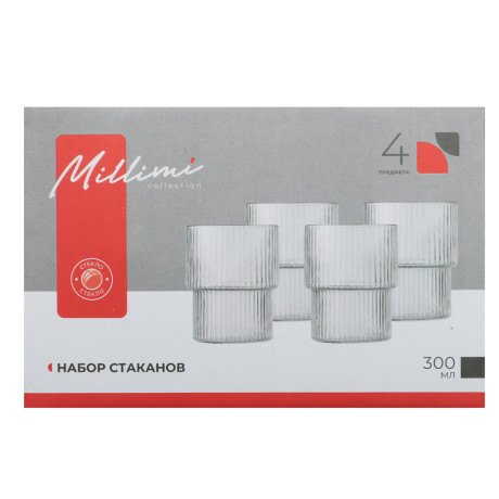 MILLIMI Набор стаканов Астра 300 мл, 4 шт, стекло, рифленый