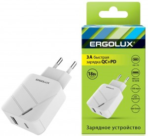 "Сет.адаптер/зарядник/блок пит. USB+Type-C 100-220V, 5-9V/3A QC ERGOLUX ELX-РA01QC-C01 бел, коробка
