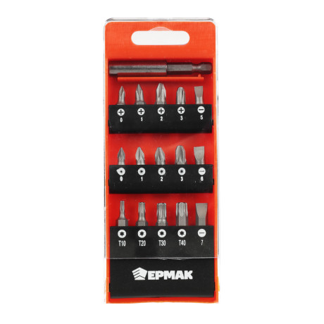 ЕРМАК Биты с держателем, 15 шт., в пласт. кейсе, 25 мм, PH0, 1, 2, 3, PZ0, 1, 2, 3 , SL5, 6, 7, T10