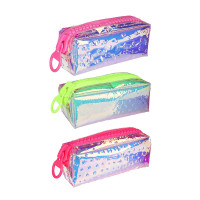 Пенал прямоугольный 19,5х7,5х7см, ПВХ цвета &quot;металлик&quot; с тиснением, большая молния, 3 диз., ПВХ бокс