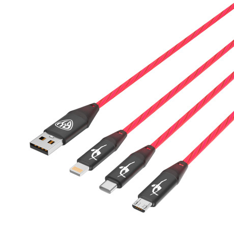BY ВФХГ Кабель для зарядки Светящийся 3в1 iP/microUSB /Type-C, 1,5м, 2.4А, 12W, красный