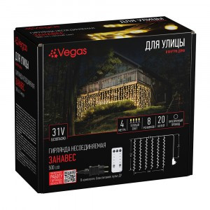 VEGAS Гирлянда-бахрома ул. 31V, 500LED теплый,  4*2,5м/20нит., 2 реж., проз., блок в компл.