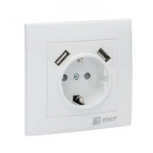 EKF Валенсия роз. СУ 1 мест. 16А с 2 USB 2,1А белая, земля, шторки Al/Cu (корпус PC) EWR16-028-10-2U