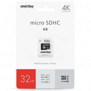 Флэш-карта (памяти) microSDHC Smartbuy 32GB Class10 PRO U3 R/W:90/70 MB/s (адаптер SD)