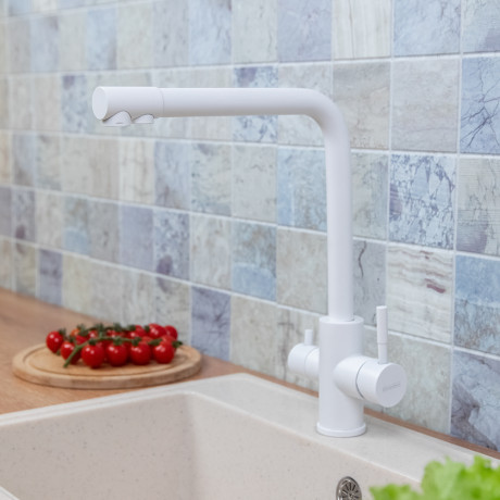 СоюзКран Смеситель для кухни с фильтром для пит. воды, картридж 35мм, нерж. сталь, белый SS01-G132