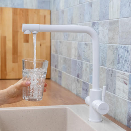 СоюзКран Смеситель для кухни с фильтром для пит. воды, картридж 35мм, нерж. сталь, белый SS01-G132